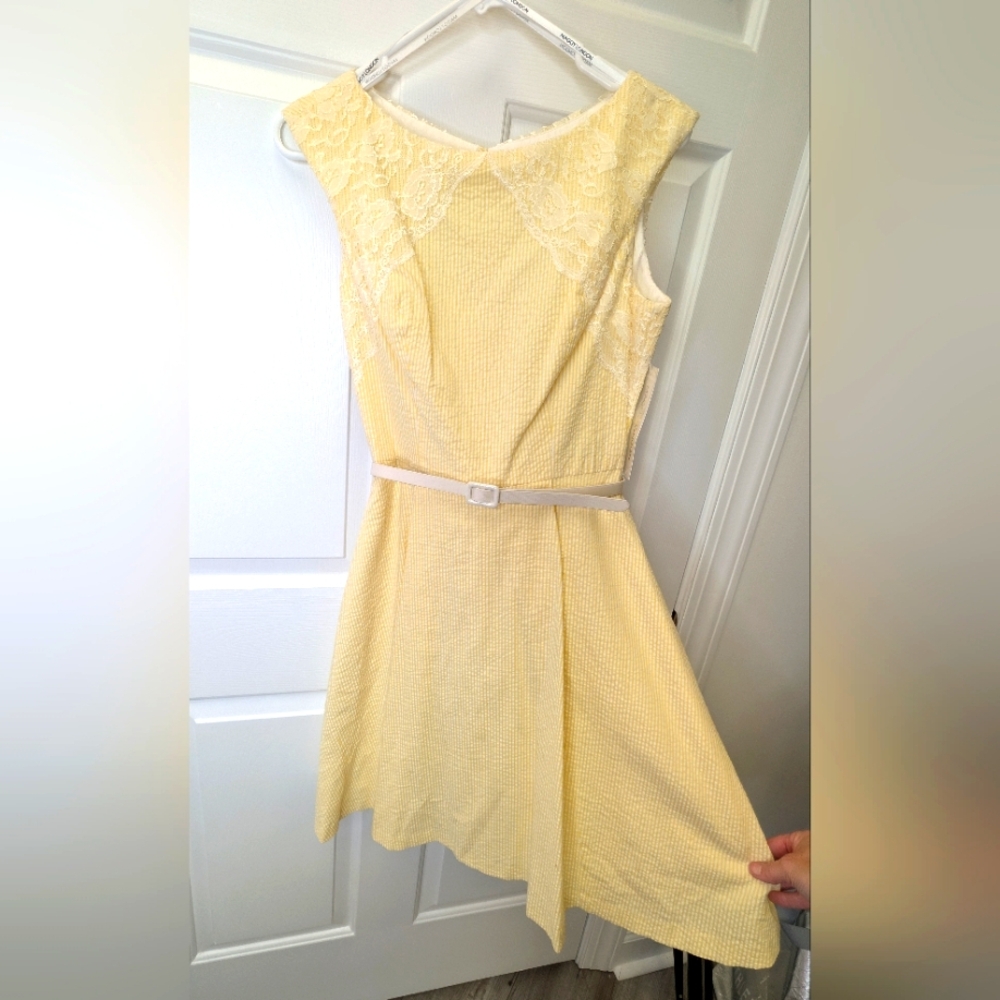Maggy London Elegant Lace Yellow/Off White Seersucker Dress